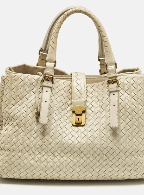 Bottega Veneta Roma Large Off White Intrecciato Leather Tote