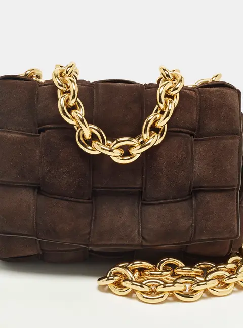 Bottega Veneta Cassette Chain Dark Brown Padded Suede Top Handle Bag