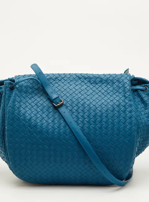 Bottega Veneta Tabita Drawstring Intrecciato Medium Blue Leather Flap Shoulder Bag