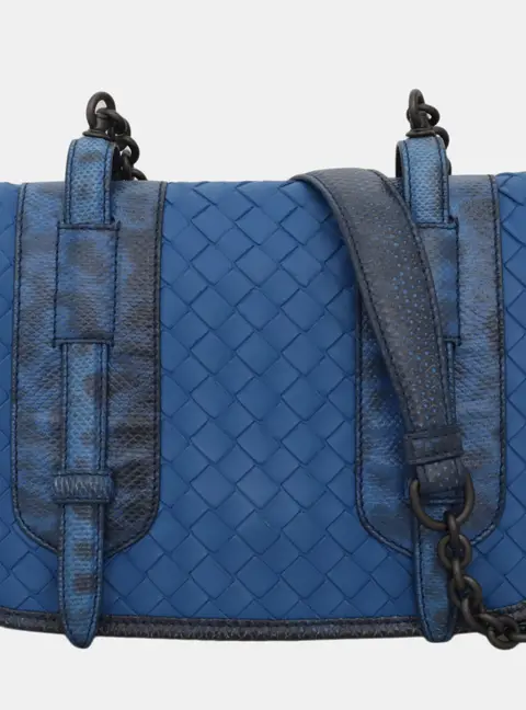 Bottega Veneta Flap Crossbody Bag Blue Intrecciato Karung Leather Crossbody Bag