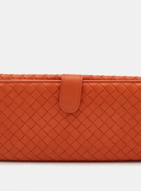 Bottega Veneta Intrecciato Orange Leather Flap Continental Wallet