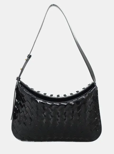 Bottega Veneta Intrecciato Black Patent Leather Shoulder Bag