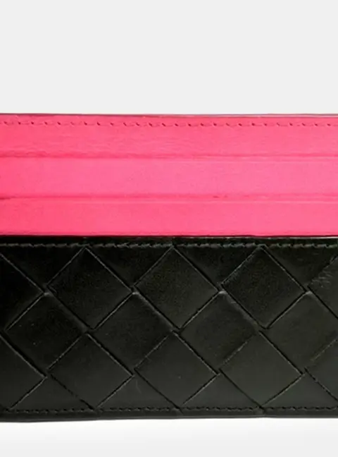 Bottega Veneta Intrecciato Black Pink Leather Card Holder Wallet