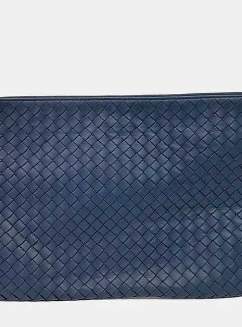 Bottega Veneta Intrecciato Navy Blue Leather Clutch Bag