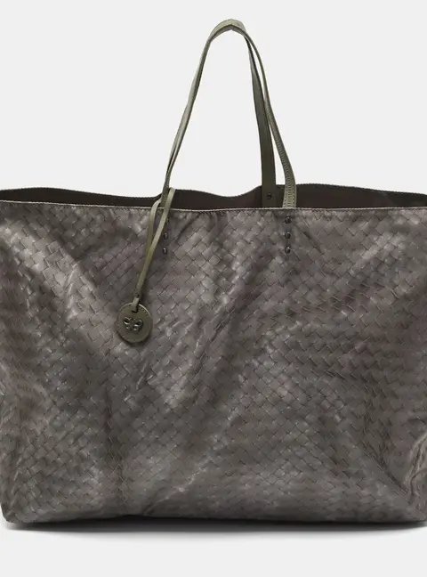 Bottega Veneta Grey Intrecciato Print Nylon and Leather Tote