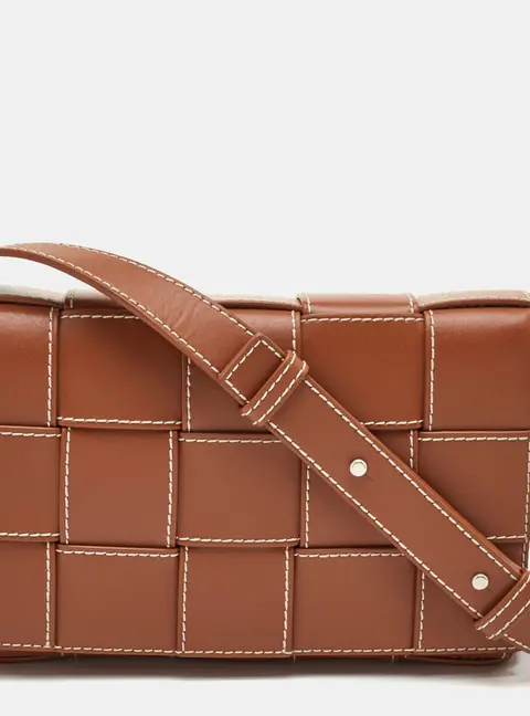 Bottega Veneta Cassette Medium Brown Intrecciato Leather Flap Shoulder Bag