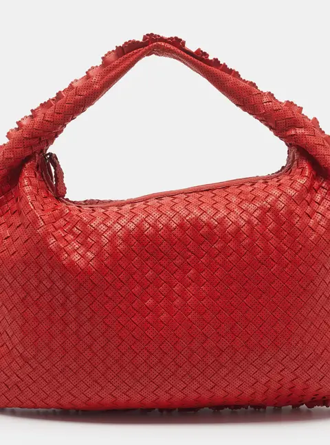Bottega Veneta Veneta Ruffle Red Perforated Leather Hobo