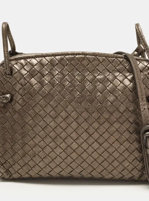 Bottega Veneta Nodini Metallic Grey Intrecciato Leather Crossbody Bag