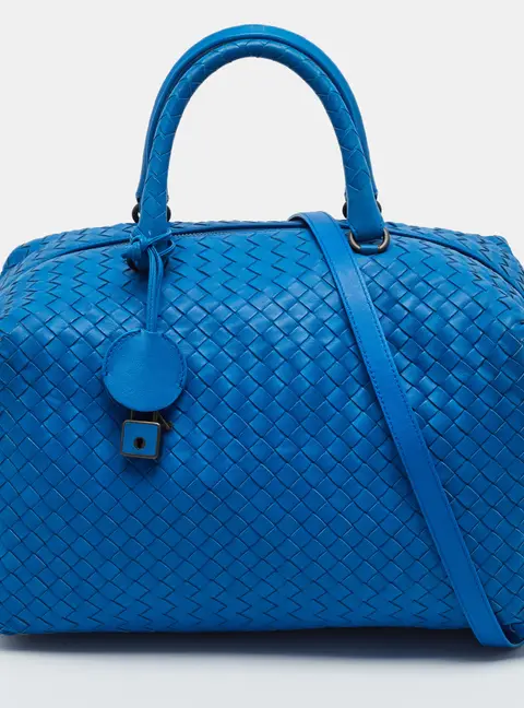 Bottega Veneta Blue Intrecciato Leather Boston Bag