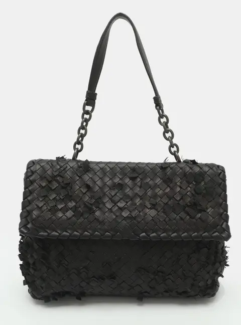 Bottega Veneta Tobu Olimpia Medium Metallic Black Intrecciato Leather Shoulder Bag