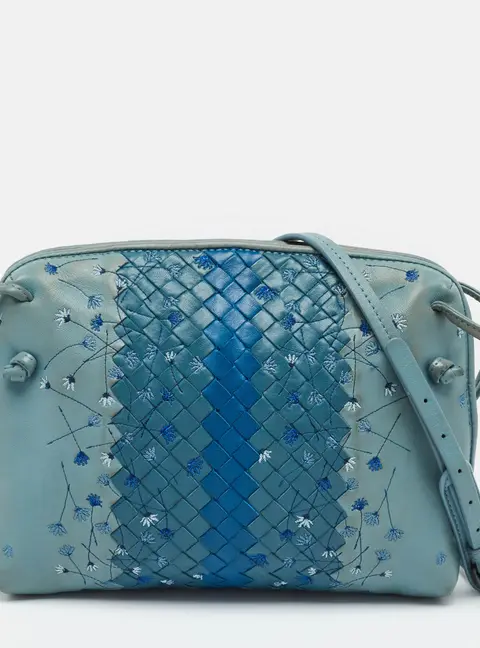 Bottega Veneta Nodini Floral Embroidered Blue Intrecciato Leather Crossbody Bag