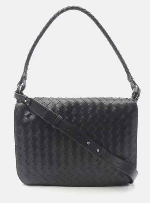 Bottega Veneta Swing Medium Black Intrecciato Calfskin Leather Messenger Bag