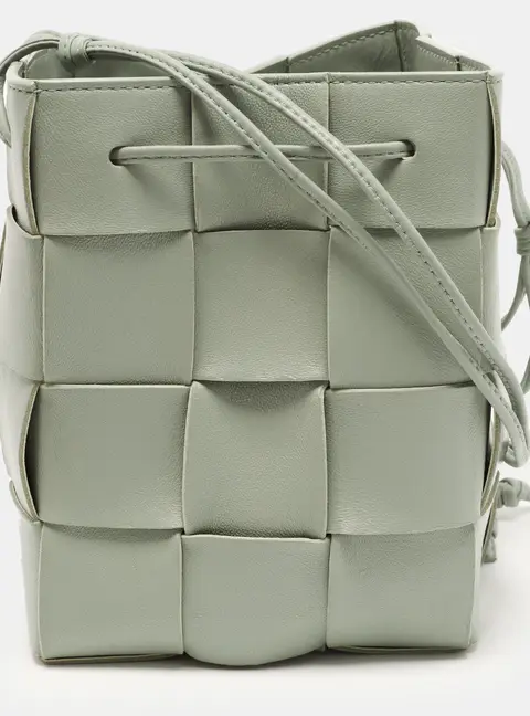 Bottega Veneta  Cassette Small Light Green Intrecciato Leather Bucket Bag
