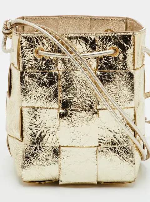 Bottega Veneta Cassette Small Gold Metallic Intrecciato Leather Bucket Bag