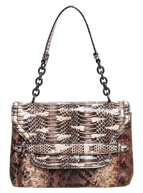 Bottega Veneta Brown Intrecciato Karung and Watersnake Detail Flap Shoulder Bag