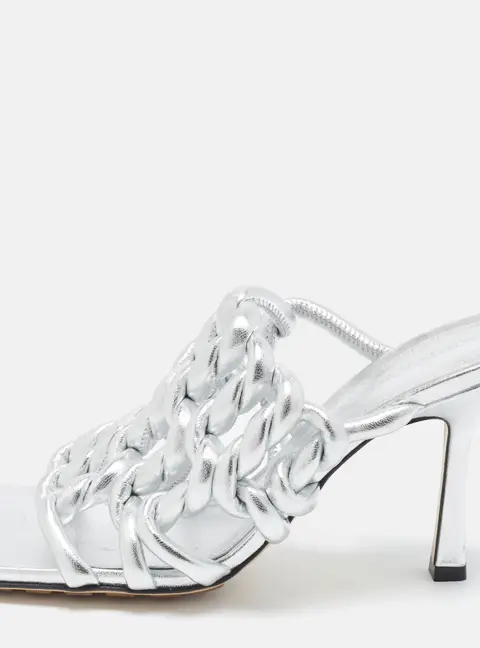 Bottega Veneta Stretch Size 37 Silver Woven Leather Slide Sandals