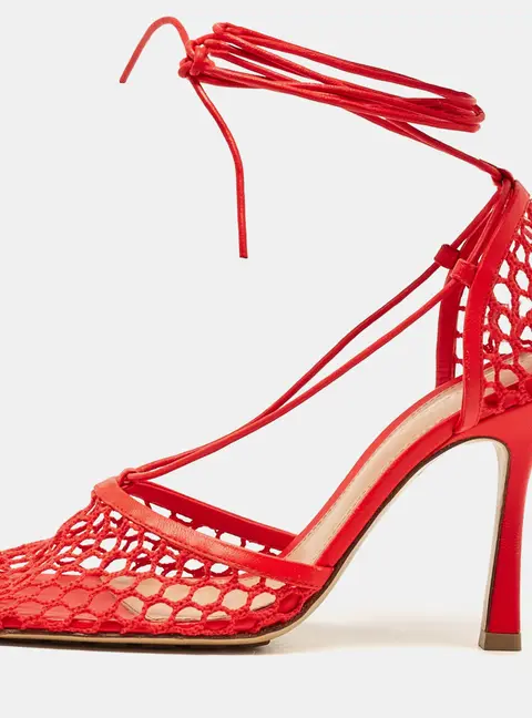 Bottega Veneta Coral Red Mesh and Leather Stretch Wrap Pumps Size 38