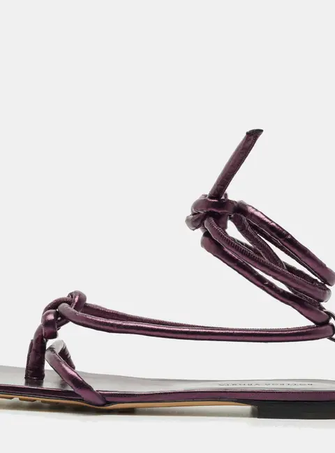 Bottega Veneta Metallic Purple Leather Knot Ankle Strap Flats Size 39