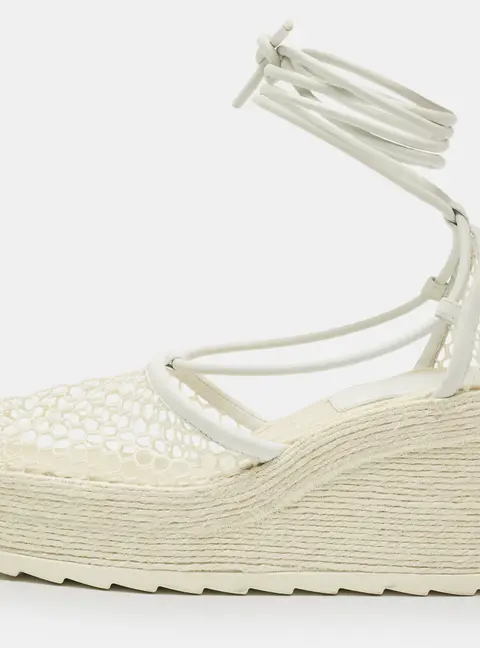 Bottega Veneta White Mesh and Leather Sporty Web Wedge Espadrille Sandals Size 39