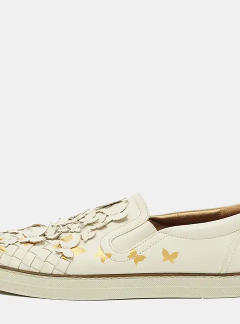 Bottega Veneta Size 37 White Intrecciato Leather Butterfly Embellished Slip On Sneakers