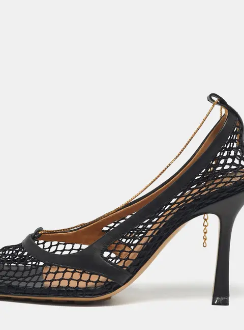 Bottega Veneta Stretch Size 37 Black Leather and Mesh Ankle Strap Pumps