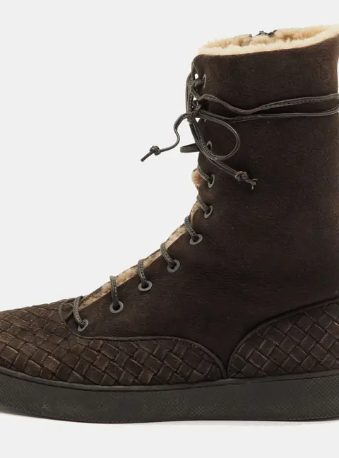 Bottega Veneta Intrecciato Size 39 Dark Brown Suede Shearling Lace Up Ankle Length Boots