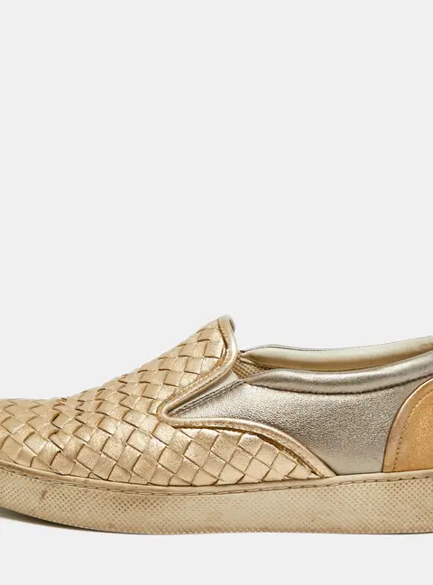 Bottega Veneta  Size 39 Metallic Gold Intrecciato Leather Espadrille Sneakers
