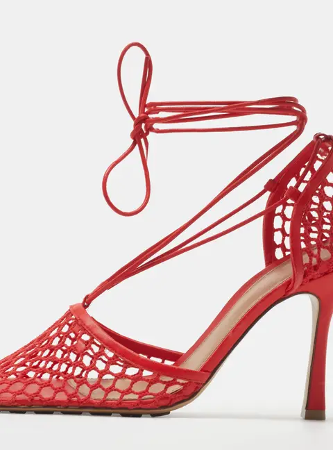 Bottega Veneta Strech Size 40 Coral Red Leather and Mesh Ankle Wrap Pumps