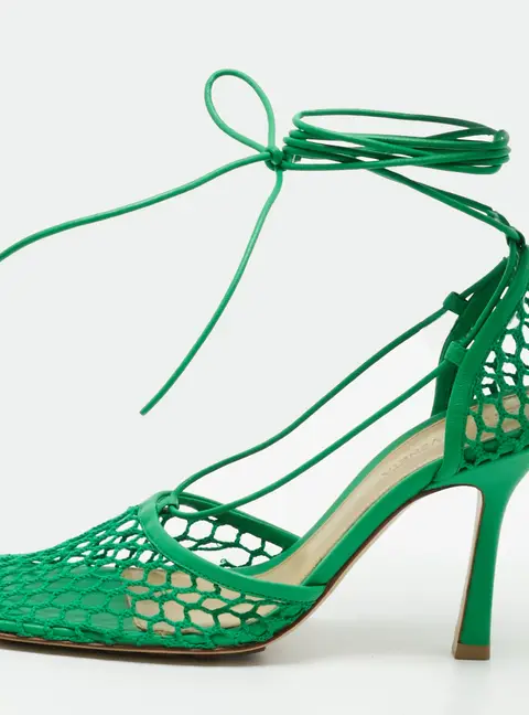 Bottega Veneta Stretch Size 37 Green Mesh and Leather Ankle Wrap Sandals