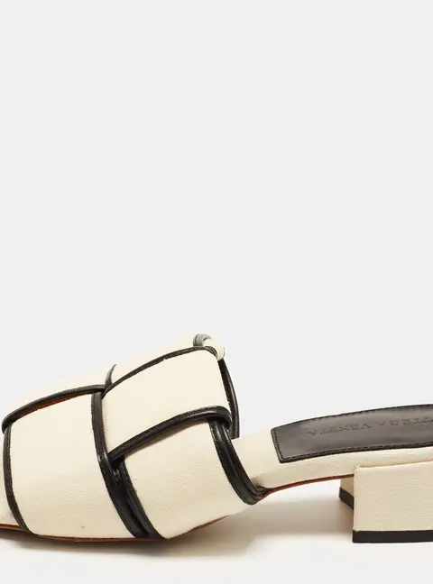 Bottega Veneta Lido Size 37 Cream/Black Canvas and Leather Block Heel Slide Sandals