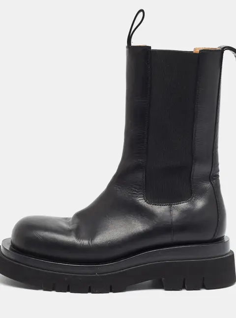 Bottega Veneta Lug Size 37.5 Black Leather Mid Calf Boots