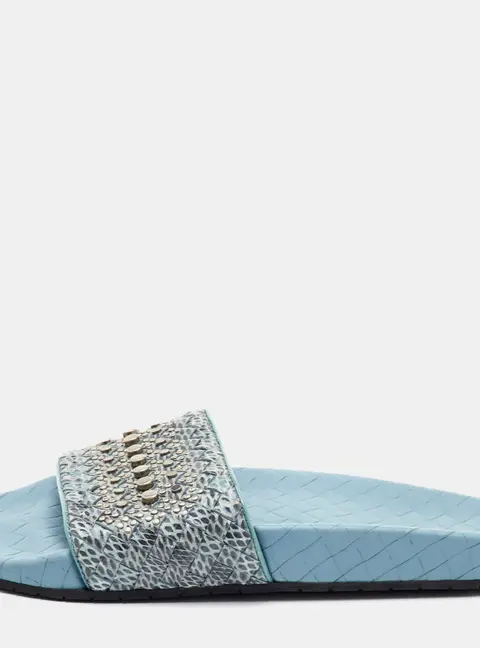 Bottega Veneta Intrecciato Size 41 Blue Snakeskin Leather Studded Flat Slide Sandals