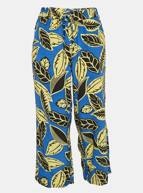 Boutique Moschino Blue/Yellow Leaf Print Crepe Trousers M