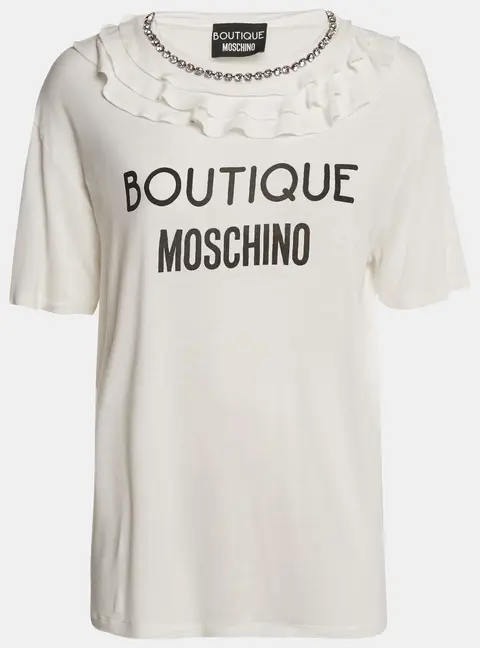 Boutique Moschino White Logo Print Jersey Crystal Embellished and Ruffled T-Shirt M