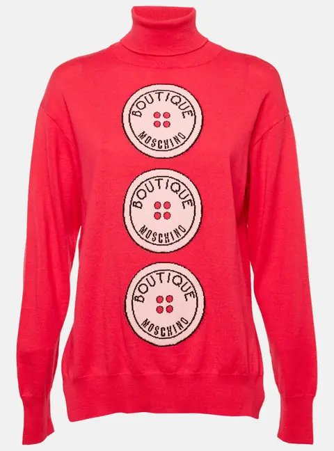Boutique Moschino Pink Button Intarsia Wool Knit Turtle Neck Sweater M