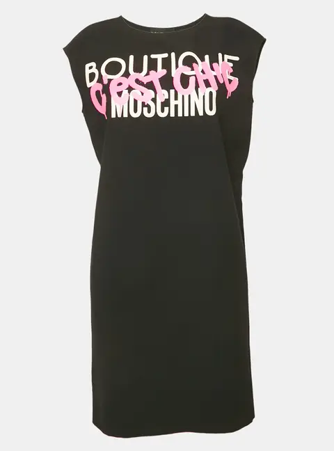 Boutique Moschino Black Printed Crepe Shift Dress S
