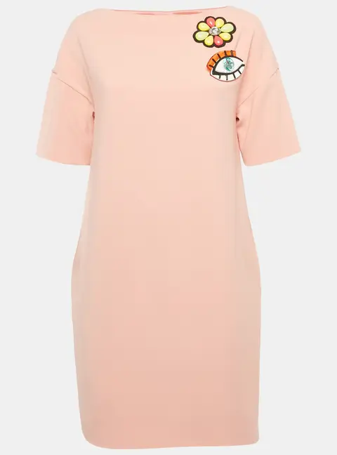 Boutique Moschino Pink Flower Applique Crepe Brooch Detail Shit Dress S