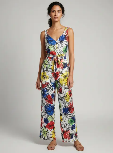 Boutique Moschino Multicolor Floral Print Satin Belted Jumpsuit M