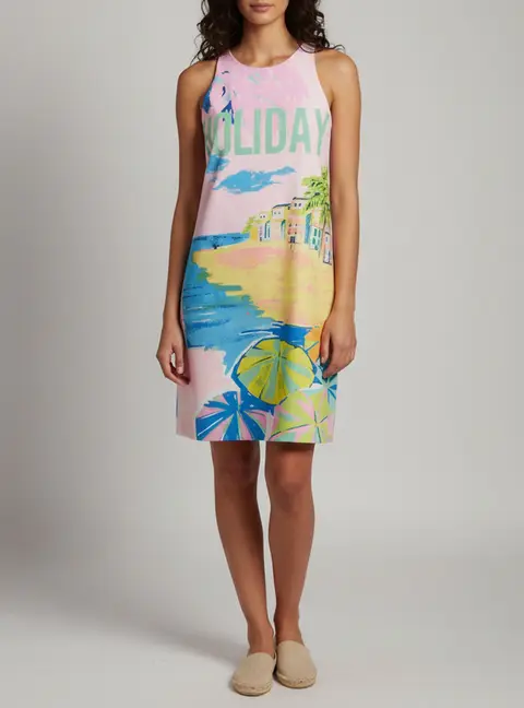 Boutique Moschino Pink Holiday Landscape Print Crepe Shift Dress S