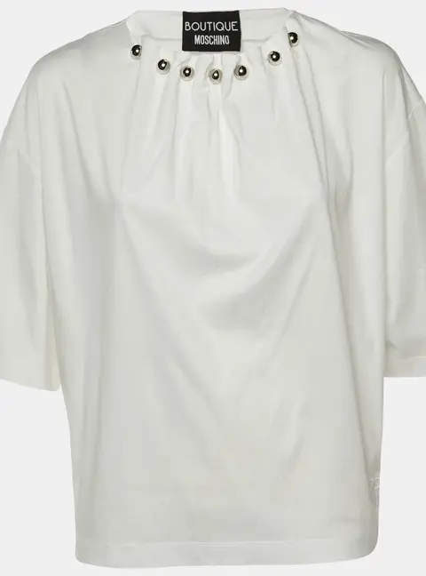 Boutique Moschino White Cotton Knit Pleated Neck T-Shirt M