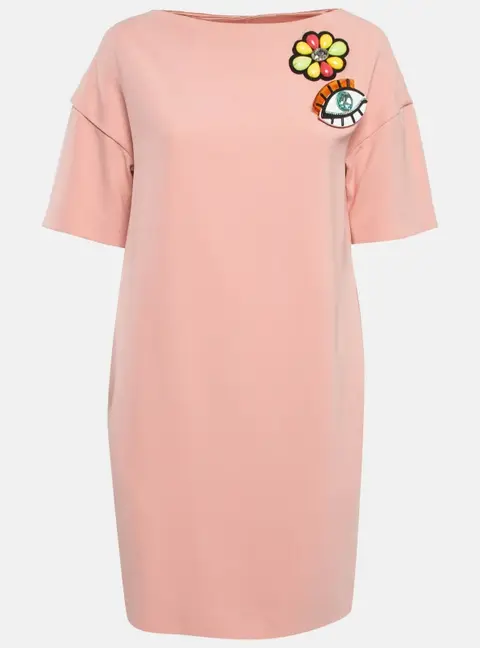 Boutique Moschino Pink Brooch Applique Crepe Shift Dress S