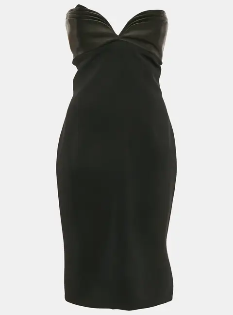 Brandon Maxwell Black Crepe Leather Trimmed Strapless Knee-Length Dress M
