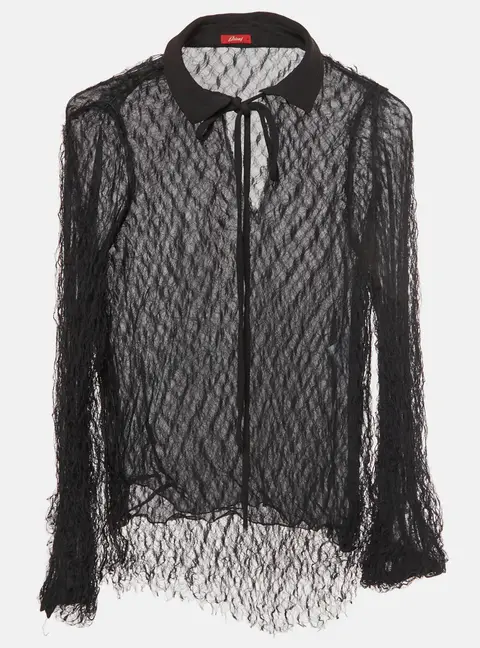 Brioni Black Sheer Nylon and Silk Mesh Neck Tie Blouse S