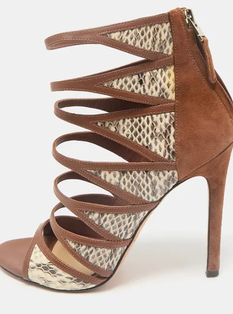 Brian Atwood Brown Leather and Snakeskin Lynnden Cage Sandals Size 38