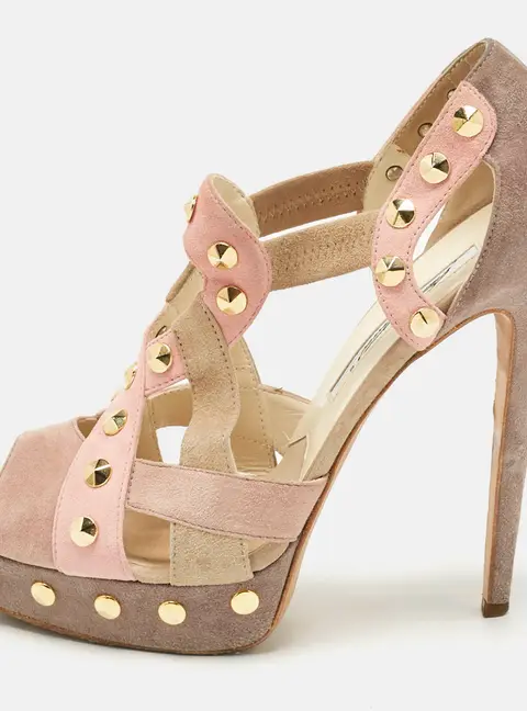 Brian Atwood Beige Cut Out Studded Suede Peep Toe Platform Sandals Size 39