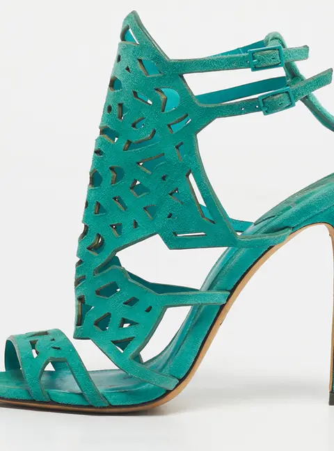 Brian Atwood Green Suede Laplata Laser Cut Sandals Size 39.5