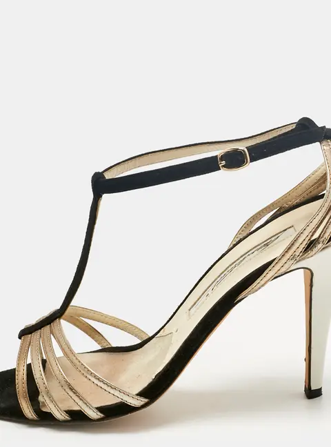 Brian Atwood Black/Gold Suede and Leather Strappy T-Bar Sandals Size 37