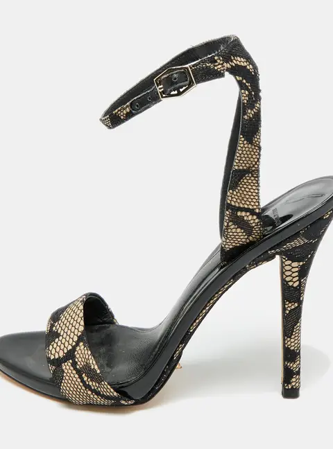 Brian Atwood Size 35.5 Black/Beige Lace and Patent Leather Ankle Strap Sandals