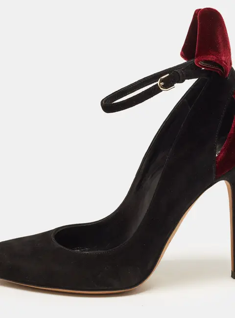 Brian Atwood Size 38 Black/Burgundy Suede and Velvet Bow Ankle Strap Pumps