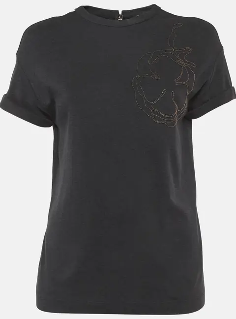 Brunello Cucinelli Grey Embroidered Jersey Short Sleeve T-Shirt XS